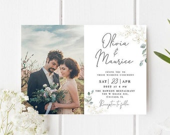 Hochzeitseinladung Vorlage Bearbeitbare Einladung mit Bild Blattgold Hochzeitseinladung bedruckbar Personalisierbare Einladung Download Templett agflf10