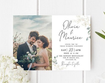 Photo wedding invitation template Editable Modern photo invite Gold foliage wedding invite printable Digital DIY Download Templett agflf10