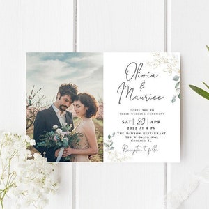 Photo wedding invitation template Editable Modern photo invite Gold foliage wedding invite printable Digital DIY Download Templett agflf10