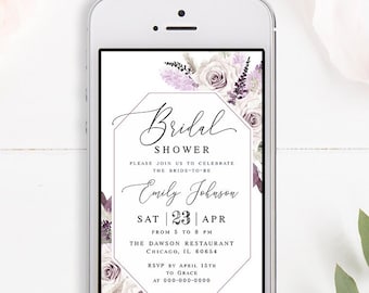Electronic bridal shower invitation template Editable Text message invite Purple bridal invite Floral invite Download Templett PURFSW27