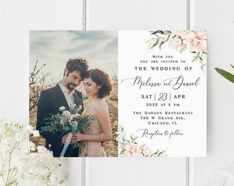 Wedding invitation template Self-editable photo invite Picture Pink roses Printable Calligraphy Digital DIY Download WSPR-A