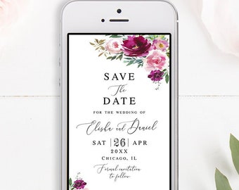 Fuchsia save the date template Electronic Self-editing invite Engagement Wedding announcement Text message Digital Download Templett FTeW-A1