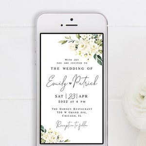Electronic wedding invitation template Text message invite Eco Friendly Paperless Editable invite Customizable White roses Download AWHR-1