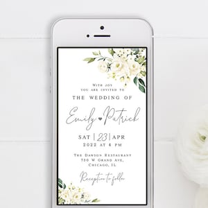 Elektronische Hochzeitseinladung Vorlage Weiße Rosen Hochzeit e-invite Blumenhochzeitseinladung Textnachricht Digitaler DIY Download Templett AWHR-1