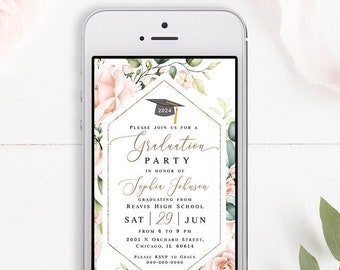 Electronic floral graduation invitation template Grad announcement Graduation party 2024 Class of 2024  Pink roses invite Download Templett