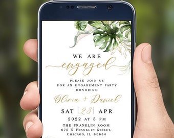 Electronic engagement party invitation template Greenery engagement invite Editable invite Tropical invite Digital Download Templett SWC-TR