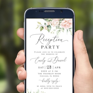Reception party invitation template Floral reception e-invite Pink roses wedding e-invite Customizable Digital Download Templett WSPR-A