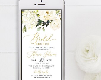 Electronic invitation template Editable Text message invite Bridal brunch evite Paperless Floral White roses Digital DIY Download AWHR-1