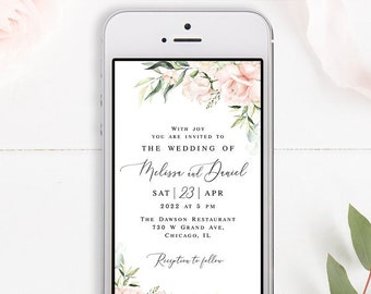 Electronic wedding invitation Editable template Text message invite Paperless Wedding pink roses Digital Phone Download WSPR-A