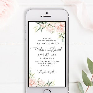 Electronic wedding invitation Editable template Text message invite Paperless Wedding pink roses Digital Phone Download WSPR-A