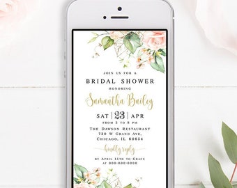 Electronic invitation template Editable invite Floral bridal shower invite Paperless Pink roses invite Digital DIY Download Templett WSPR-A