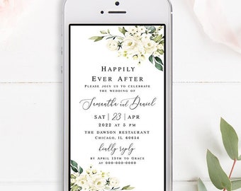 Electronic Happily Ever After invitation template Text message invite Paperless White roses wedding invite Digital Download Templett AWHR-1