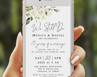 White roses floral wedding vow renewal e-invite template Editable electronic invite Digital download AWHR-1