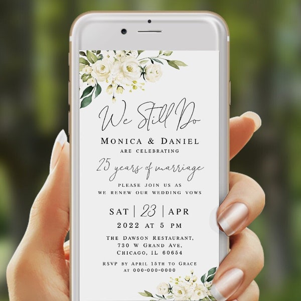 We Still Do Electronic invitation template Editable invite Text message Renewal of vows Wedding white roses Digital Download Templett AWHR-1