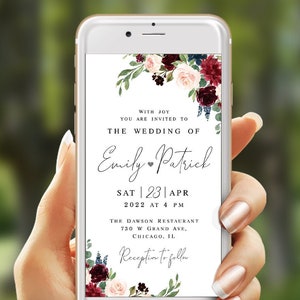 Electronic wedding invitation Text message invite Editable template Paperless Digital Wedding Burgundy & Blush Download Templett #swc9