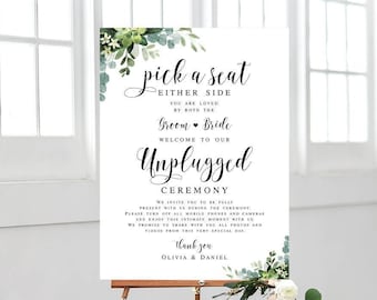 Unplugged ceremony sign Editable template Pick a seat either side Wedding welcome Printable Download Eucalyptus foliage Templett SGWEUF2