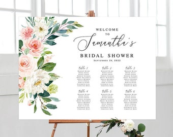 Petit plan de table pour la douche nuptiale de bienvenue Modèle de montage Affiche de fête de poule Mariage fleurs roses Blush Téléchargement imprimable Templett #swc6