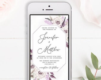 Faire-part de mariage électronique Modèle auto-éditable Invitation par SMS Faire-part de mariage violet sans papier Téléchargement numérique DIY PURFSW27