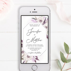 Electronic wedding invitation Self-editing template Text message invite Paperless Purple wedding invite Digital DIY Download PURFSW27