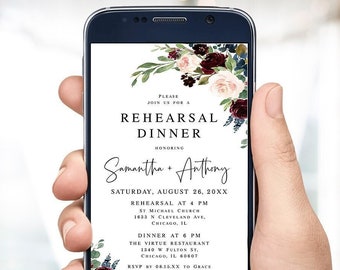 Plantilla de invitación electrónica para cena de ensayo. Invitación floral para ensayo de boda. Invitación electrónica para boda en Borgoña. Descarga digital. Templett BFAC9.