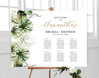 Small seating chart template Editable Tropical bridal shower poster Hen party Greenery seating chart Printable Download Templett SWC-TR