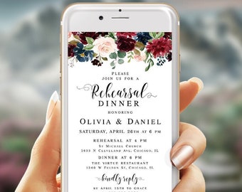 Plantilla de invitación para cena de ensayo de boda. Invitación electrónica para cena de ensayo de Borgoña. Invitación de boda floral. Descarga digital DIY. Templett BFAC9.