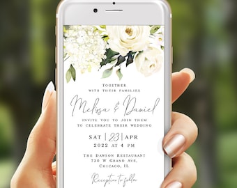 Electronic White roses wedding invitation template Editable Text message invite Paperless Hydrangea wedding invite Digital Download AWHR-1