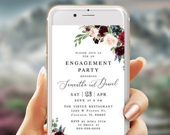 Electronic engagement invitation template Editable Burgundy blush engagement invite Text message Digital DIY Download Templett BFAC9