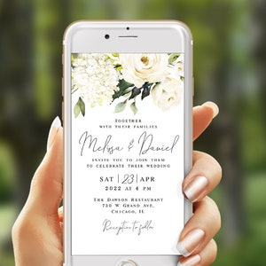 Electronic White roses wedding invitation template Editable Text message invite Paperless Hydrangea wedding invite Digital Download AWHR-1