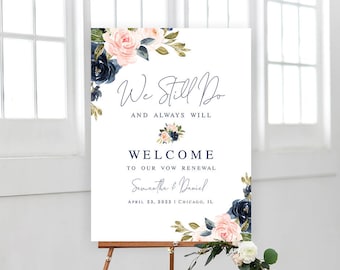 Modèle de plaque de bienvenue rose fard à joues bleu marine à modifier avec TEMPLETT Renouvellement de vœux de mariage Panneau de bienvenue floral à télécharger imprimable #swc7