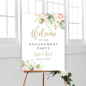 Welcome engagement party sign Editable template Wedding pink roses Gold Welcome poster Printable board Customizable Download #swc11-1