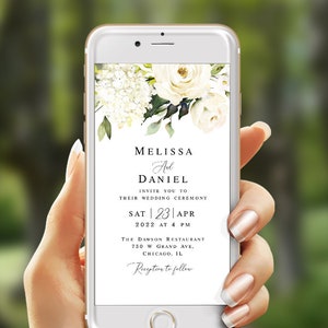 Elektronische Hochzeitseinladung Vorlage Hortensie Hochzeit e-invite Bearbeitbare Weiße Rosen Hochzeit einladen Digital Download Templett AWHR-1