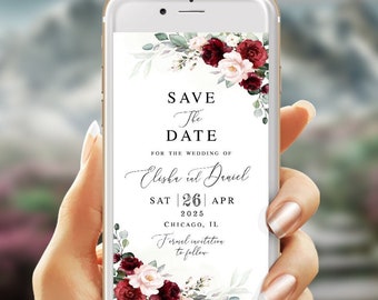 Electronic burgundy save the date template Self-editing invite Engagement Burgundy Wedding announcement Digital Download Templett BSA-35