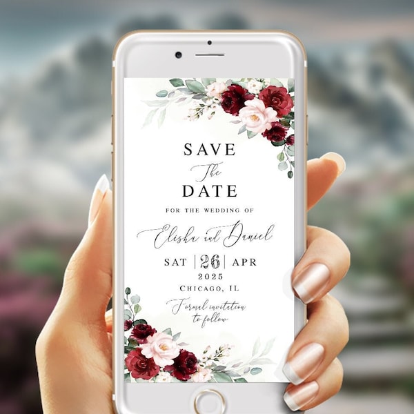 Electronic burgundy save the date template Self-editing invite Engagement Burgundy Wedding announcement Digital Download Templett BSA-35