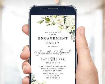 Electronic White roses engagement invitation template Editable Text message invite Hydrangea invite Digital DIY Download Templett AWHR-1