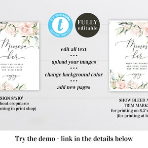 Pink roses Mimosa bar sign and Juice jar labels template Editable signs Bridal shower Cocktail party Bachelorette Download Templett WSPR-A image 3