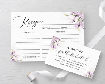 Double-sided recipe card Editable template Bridal shower insert Floral Wedding Lavender Printable Digital Download Templett LaWed-A
