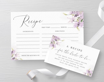 Double-sided recipe card Editable template Bridal shower insert Floral Wedding Lavender Printable Digital Download Templett LaWed-A