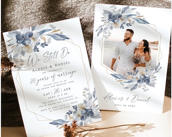 Dusty blue wedding vow renewal invitation template Customizable invite with photo Digital download wfdb-f3