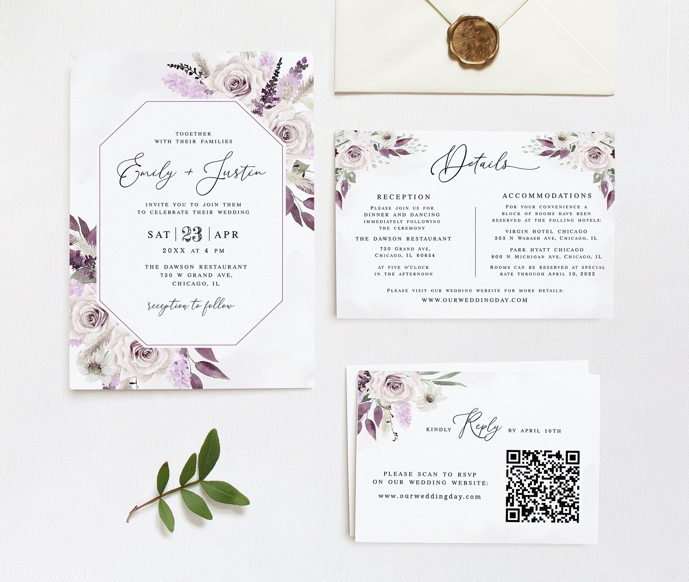 Modello di invito di nozze viola Set di nozze floreale stampabile Suite di inviti floreali Personalizzabile Scarica Modifica con Templett PURFSW27