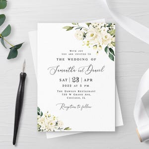 White roses wedding invitation tempate Floral wedding invite Printable wedding invite Customizable Download Edit with Templett AWHR-1
