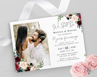 Burgundy floral wedding vow renewal invitation template Customizable invite with photo Digital download BFAC9