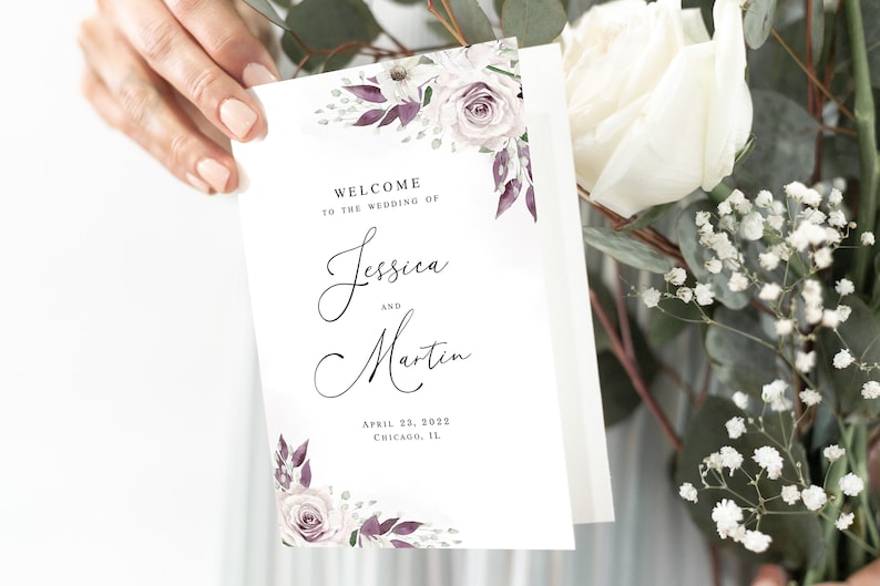 Purple wedding folded program template Editable wedding program Printable Folded booklet Digital DIY calligraphy Download Templett PURFSW27 image 1