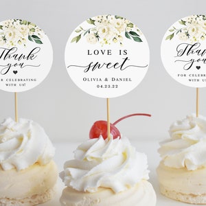Floral cupcake topper label Editable round gift tag template Circle thank you stickers White roses label printable Download Templett AWHR-1