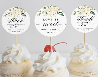 White roses labels Cupcake topper labels Editable Round gift tag template Double sided Bridal shower label printable Download AWHR-1