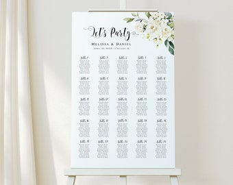 White roses seating chart template printable Editable Guest list Wedding seating poster Floral seating chart Download Templett AWHR-1