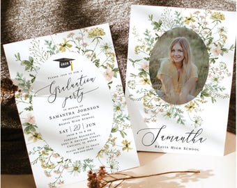 Graduation party invitation template Floral grad invite with photo Editable  download Templett MyGrdt31