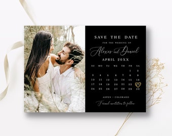 Photo calendar save the date Editable template Black and White Wedding announcement Printable Personalized Download Templett Blwht-30