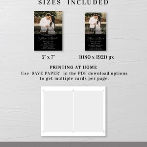 May include: Two wedding invitation designs with a couple's photo in a rustic setting. The text reads "Happily Ever After" with the couple's names and wedding date. The invitation is available in two sizes: 5 x 7 inches and 1080 x 1920 pixels.