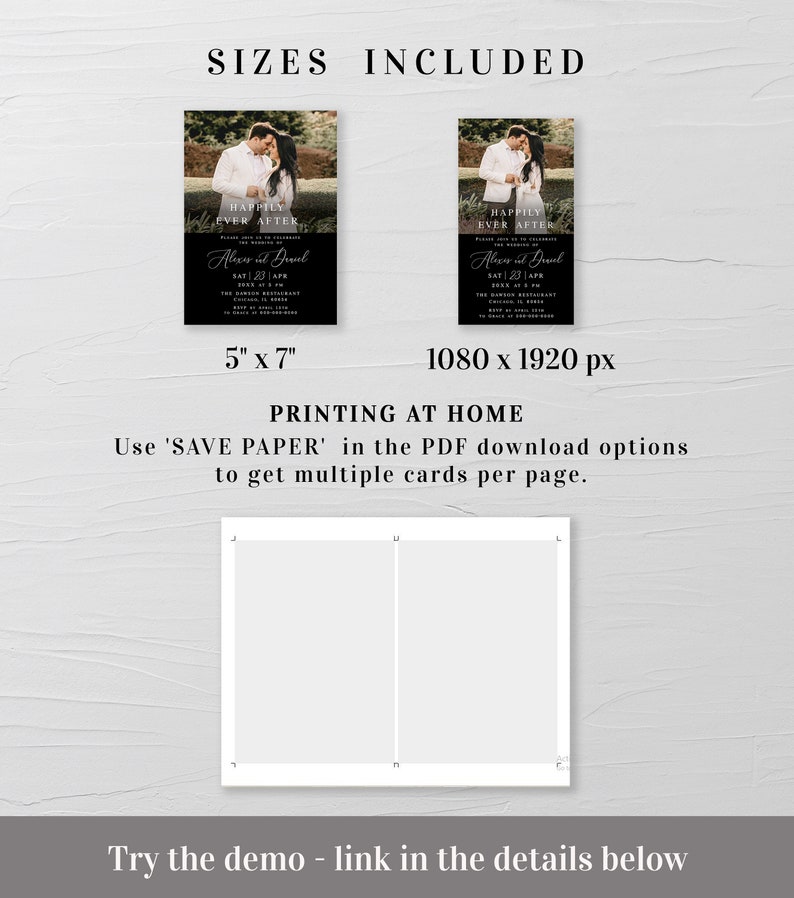 May include: Two wedding invitation designs with a couple's photo in a rustic setting. The text reads "Happily Ever After" with the couple's names and wedding date. The invitation is available in two sizes: 5 x 7 inches and 1080 x 1920 pixels.